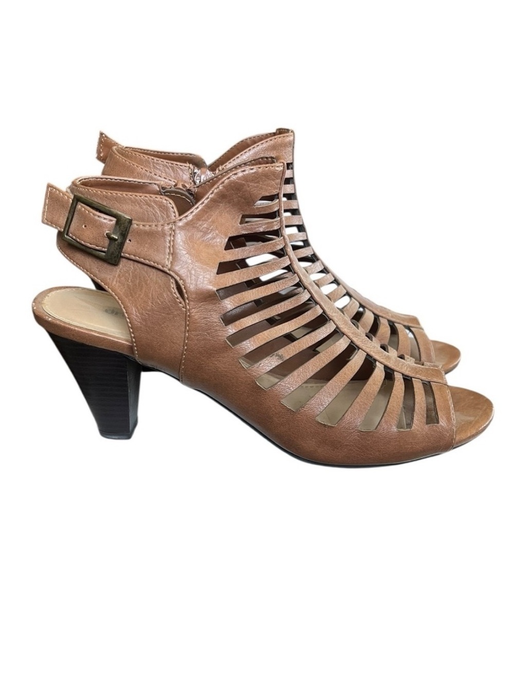 Dress Barn 8.5 Rylee Brown Cage Stacked High Heel Peep Toe Sandals
